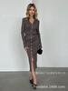 Women's V-Neck Knit Dress with Metal Buttons and Waist Belt, Side Slit, Casual Elegant Long Sleeve Sweater Dress