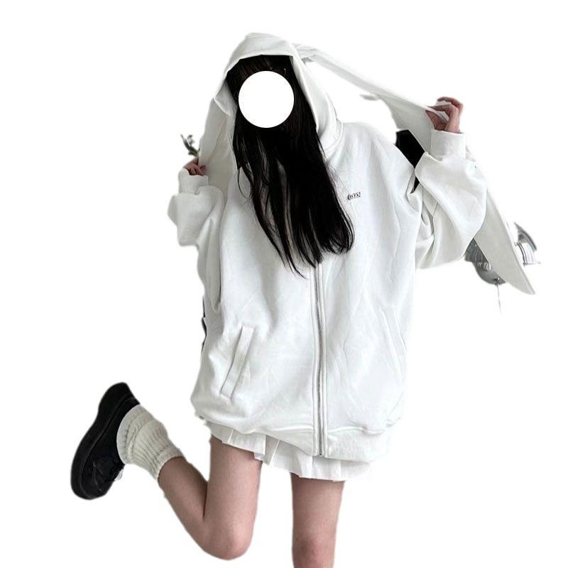 Huamian Women's Oversized Hooded Sweatshirt with Cute Rabbit Ears, Spring/Autumn Style, Loose Cardigan Design
