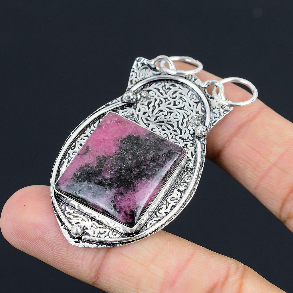 Natural Rhodonite Gemstone Pendant 925 Sterling Silver Indian Jewelry For Women
