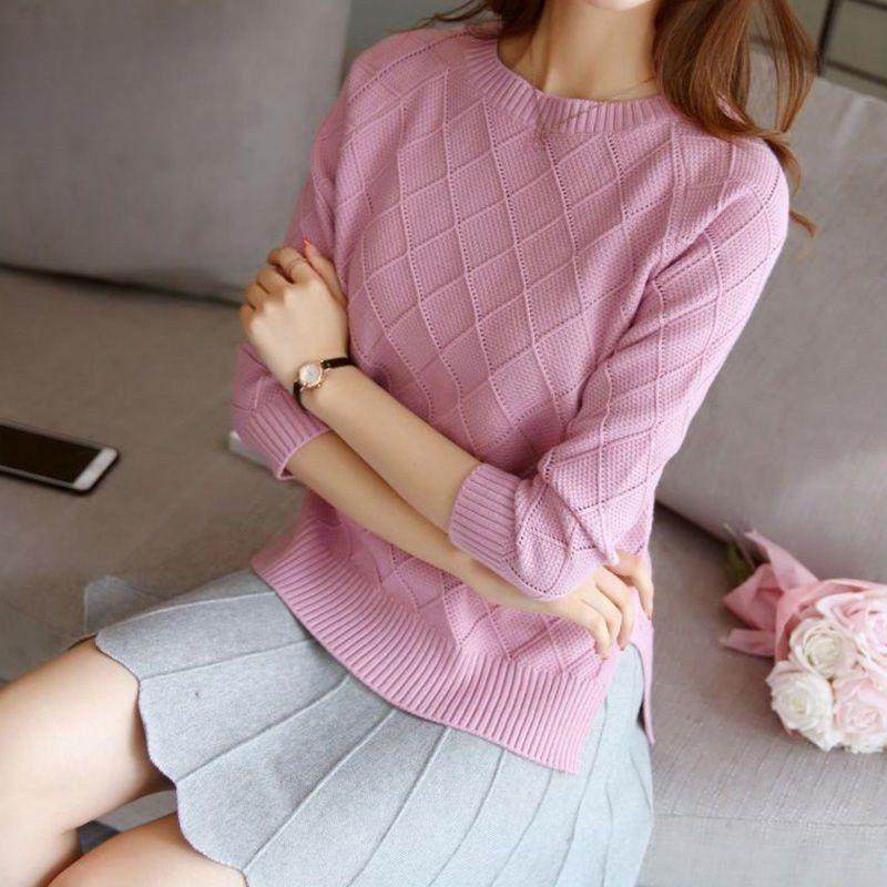 

Knitwear Women Loose Round-neck Pullover for Women Long-sleeved Casual Solid-color Sweater Korean-style Spring and Autumn Top S розовый