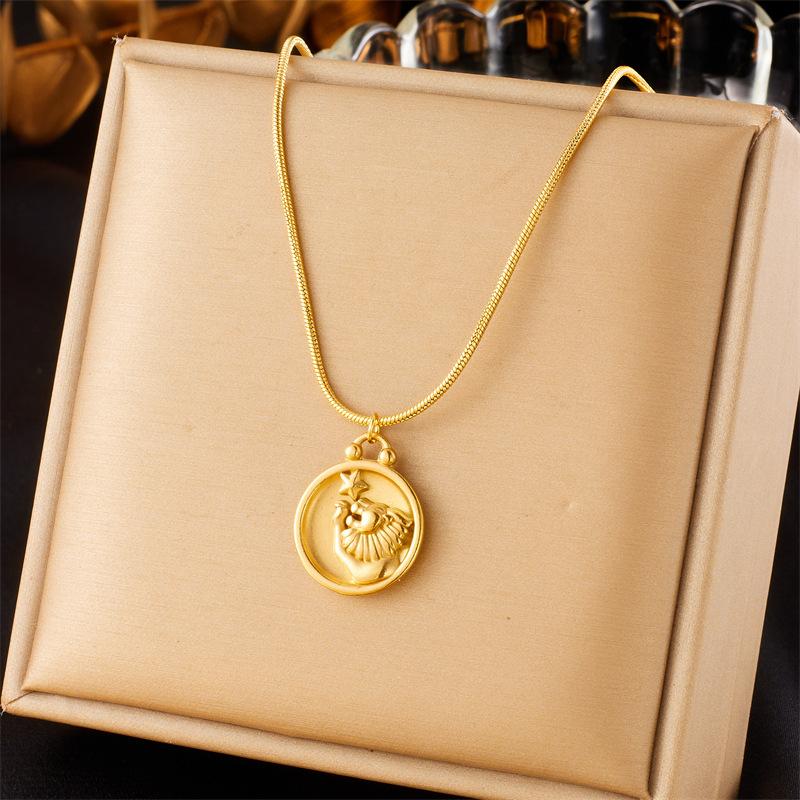 Retro New Round Double Sided Wearing 12 Constellation Pendant Titanium Steel Necklace Jewelry