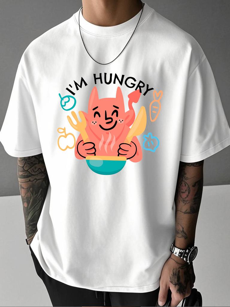 Unisex Summer Oversized T Shirt Cute Hungry Devil Food Letter Graphic Tee Casual Hip Hop Loose Short Sleeve Streetwear Fashion Top