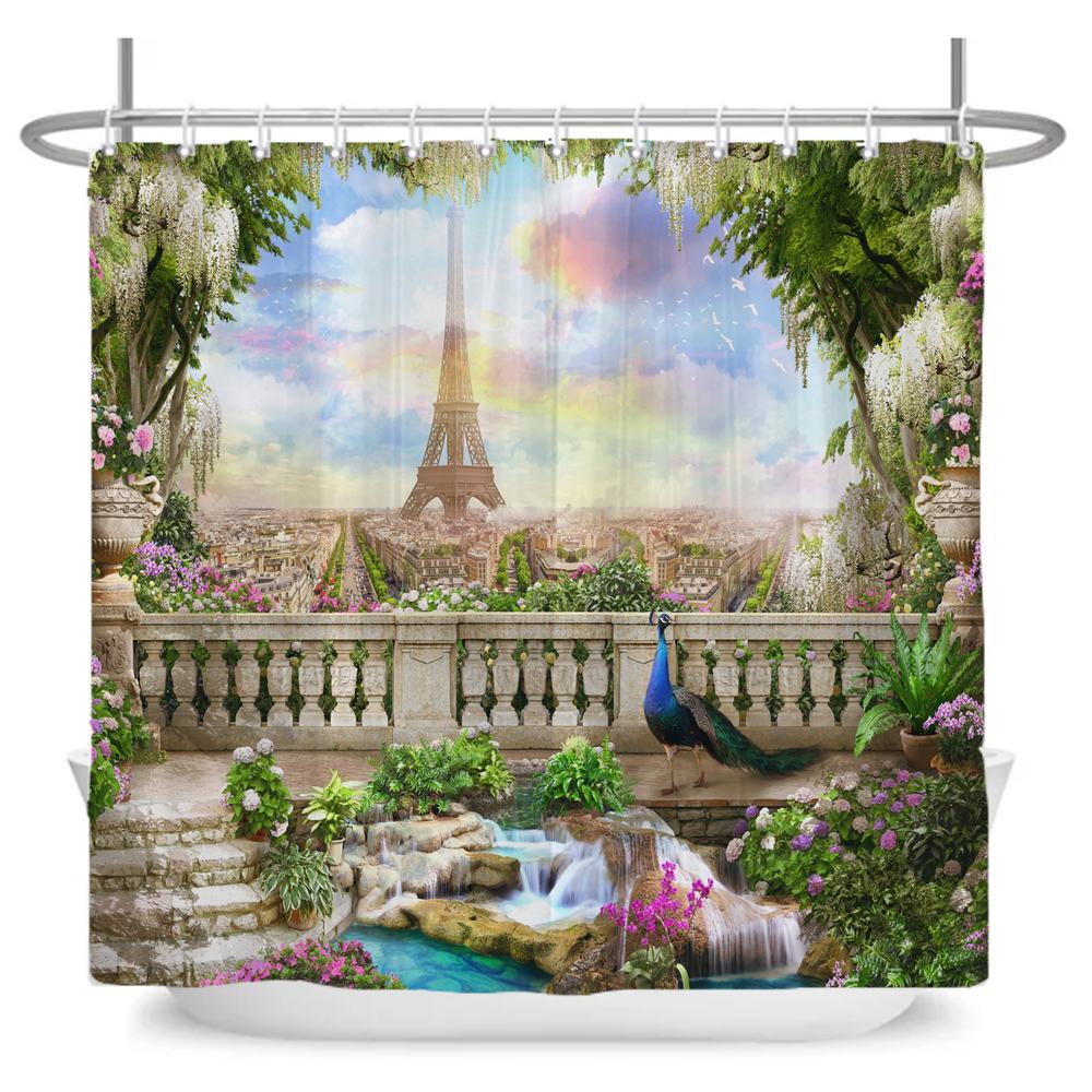 Beautiful Seaside Garden 3D Print Shower Curtain Rural Flower Scenery Bathroom Waterproof Bathtub Curtain Home Decor With Hooks