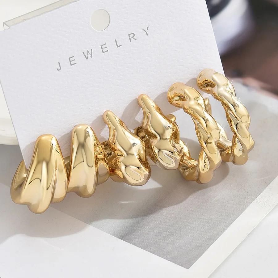 LATS 6 Stück Vintage Klassische Geometrie Glänzend Ccb Vergoldet C-Form Creolen Set für Damen Tropfenförmiger Ohrring Mode Zirkon