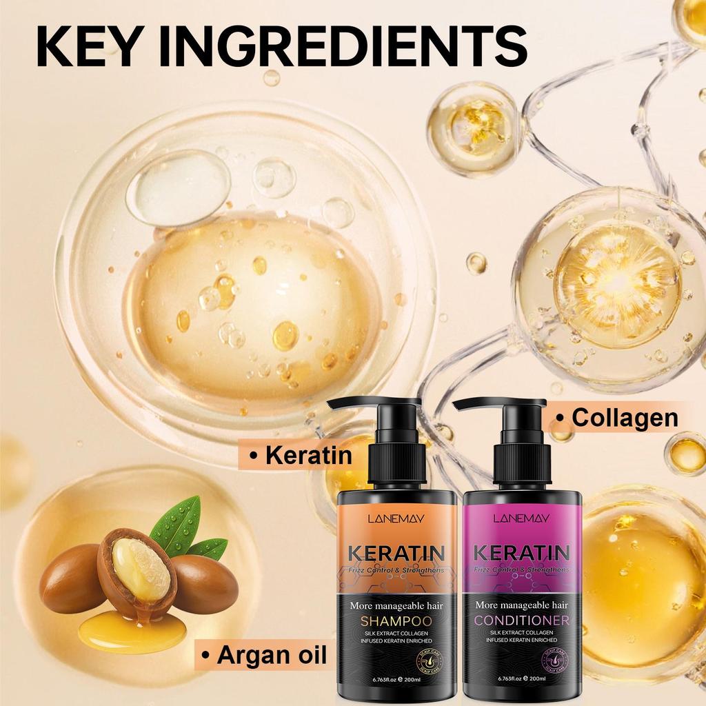 Keratin Shampoo & Conditioner Set-Moisture Scalp-Fizz Control & Strengthens Hair-Suitable For All Hair Types, 200ml+200ml