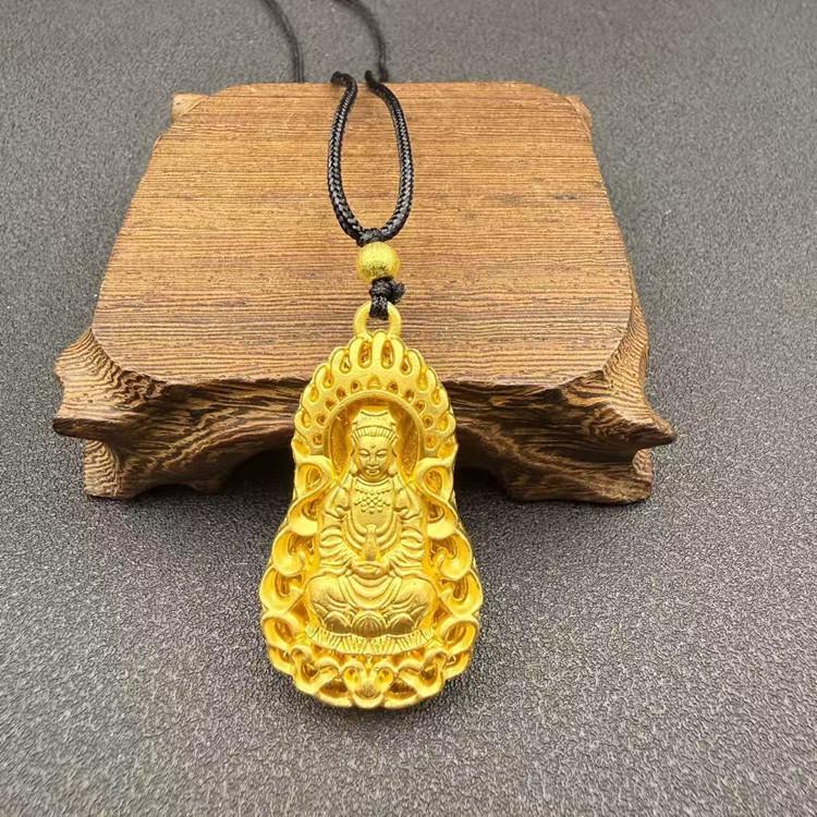 Vietnam Gold-Plated Flame Guanyin Buddha Necklace with Dragon Pixiu and Peace Pendant