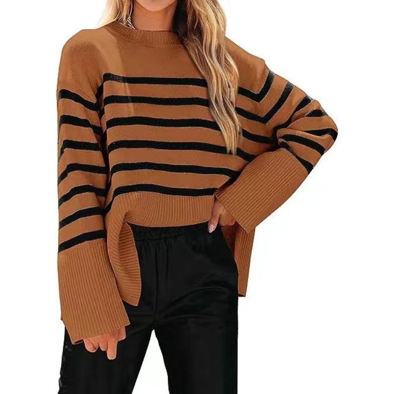 Women's Striped Drop Shoulder Sweater, Oversized Batwing Sleeve Knit Top with Soft Yarn, Boho Chic Loose Fit Pullover for Casual Wear