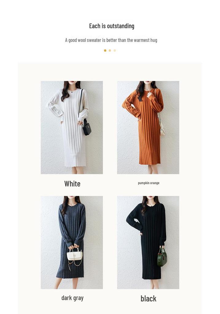 100% Pure Wool Slimming Women's Pullover Dress - Autumn/Winter, Round Neck, Lantern Sleeves, Over-Knee Length
