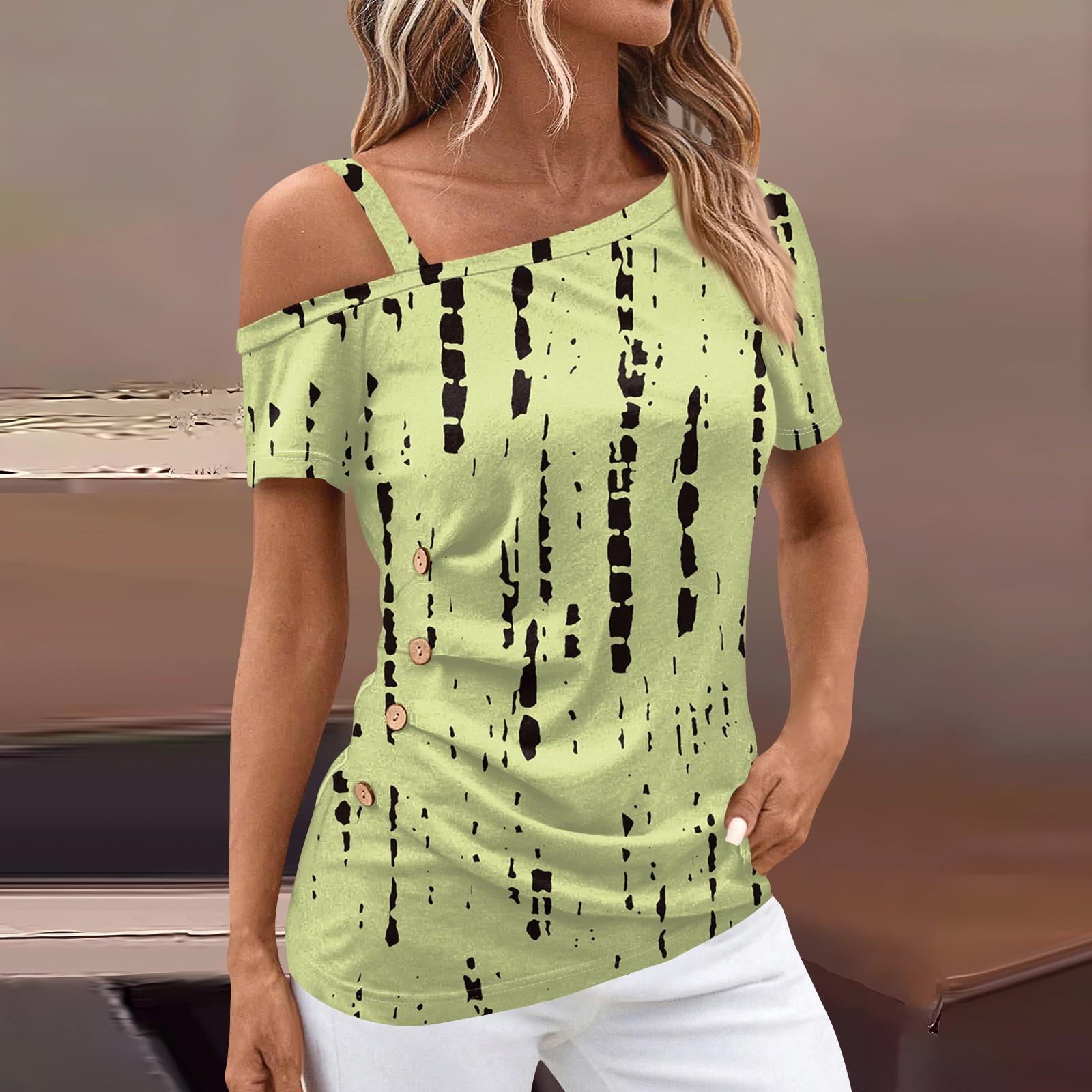 

Рубашки с коротким рукавом для женщин, футболка с открытыми плечами и принтом, летние повседневные базовые топы, пуловер XL жёлтый