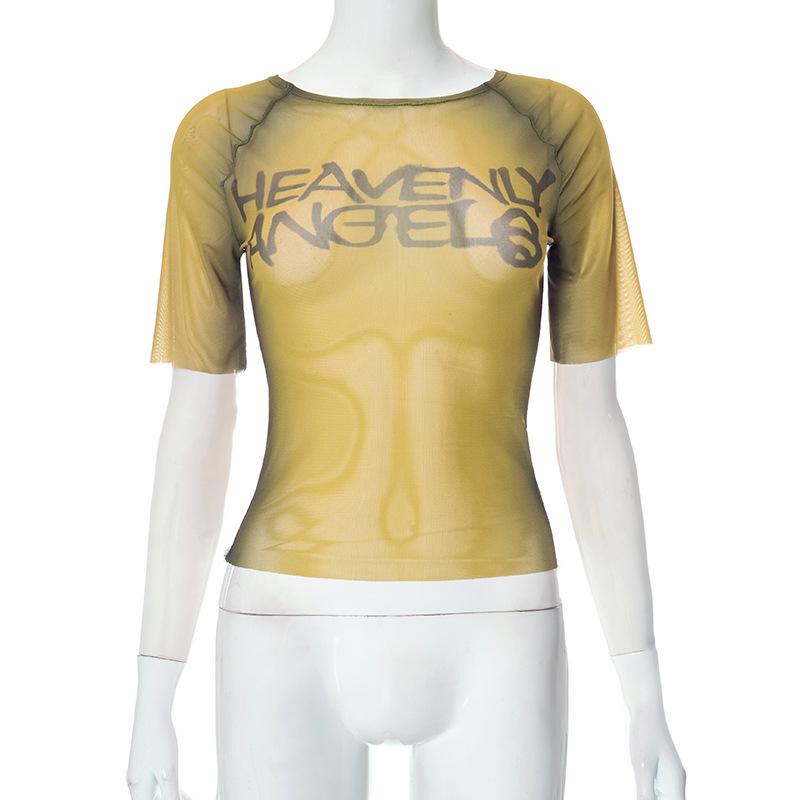 Haut Y2k à imprimé de lettres T-shirts graphiques transparents pour femmes Vêtements Manches courtes Esthétique Ropa De Mujer Moulant Sexy Streetwear