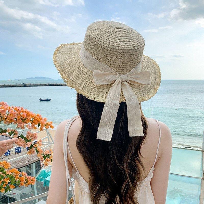 Bow Burr Edge Flat Top Straw Hat Women's Summer Seaside Beach Vacation Japanese Hawaiian Sun Woven Visor