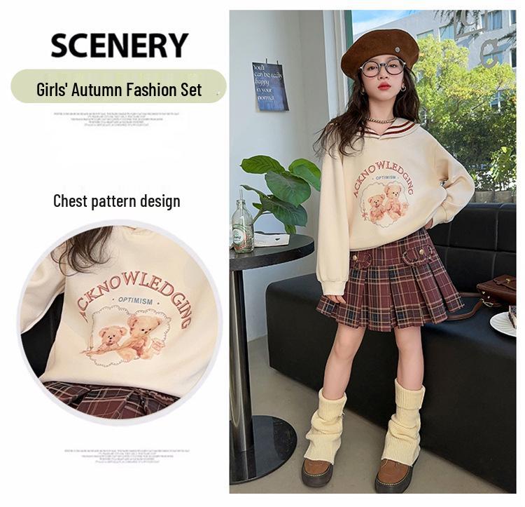 Dívčí jarní outfit v korejském stylu 2025: Set mikiny s dlouhým rukávem a plisované sukně