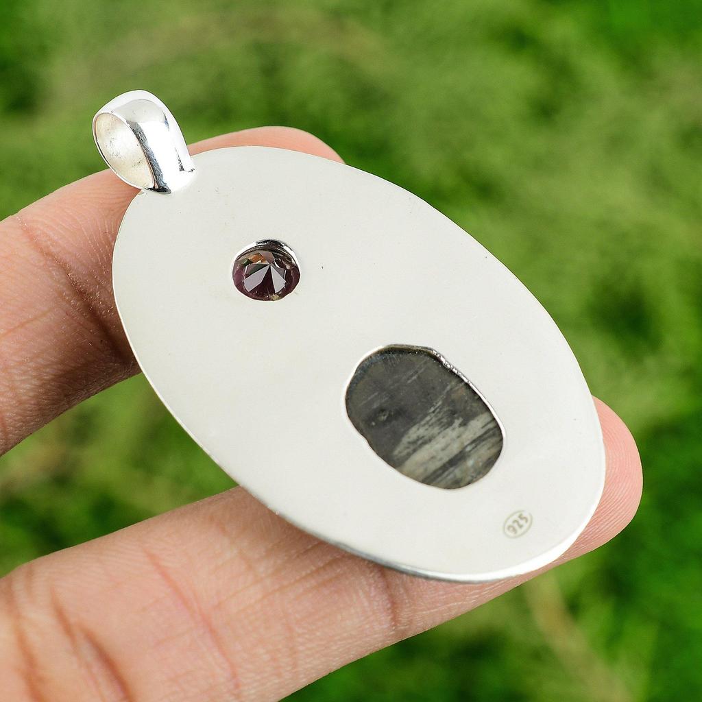 Oval Natural Silver Leaf Jasper African Amethyst Sterling Silver Wedding Pendant
