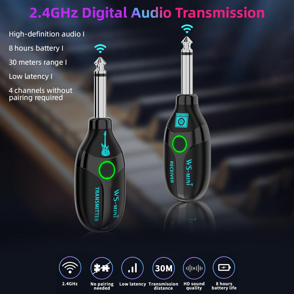 2,4G bezdrátový kytarový systém 48K/16bit přenos v reálném čase, dobíjecí 4 kanály nejsou vyžadovány