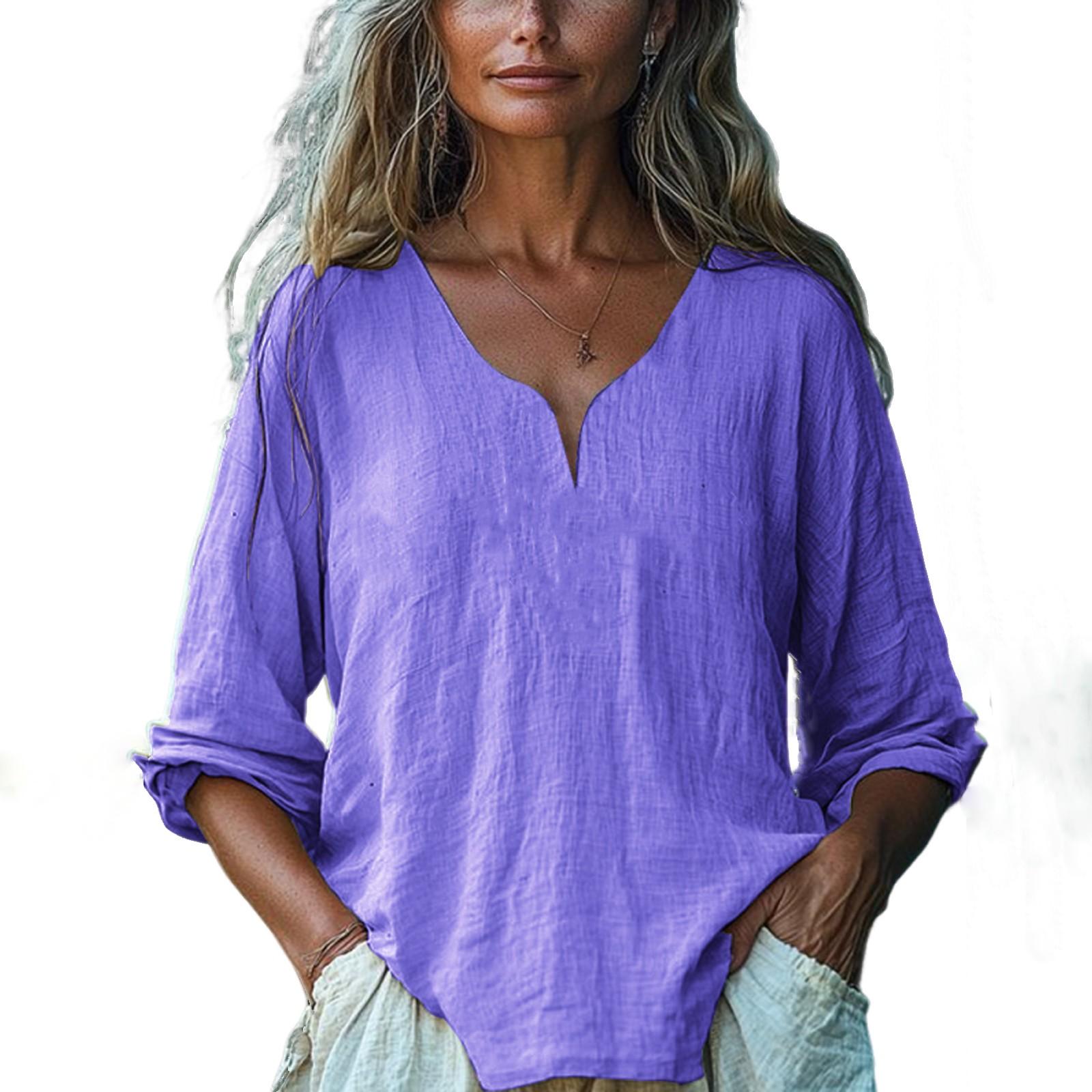 

Женский повседневный, свободный и модный топ из хлопка и льна с длинными рукавами и V-образным вырезом, однотонный L фиолетовый