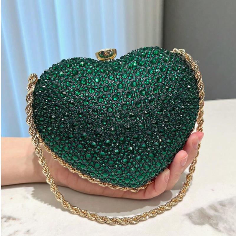 

2025 Luxury Diamond Inlay Heart Shape Crystal Clutch Purse Stones Wedding Party Evening Shoulder Bag Rhinestone Clutches Bags зелёный