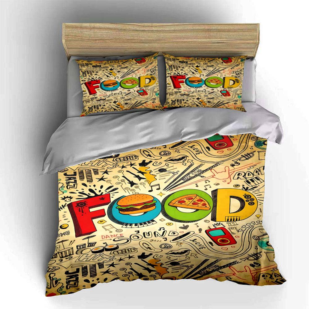 Burger, pizza, music doodles. Bedding sets Duvet cover sets Duvet covers Pillowcases(1 * Duvet Cover 2 * Pillowcases without duvet insert)
