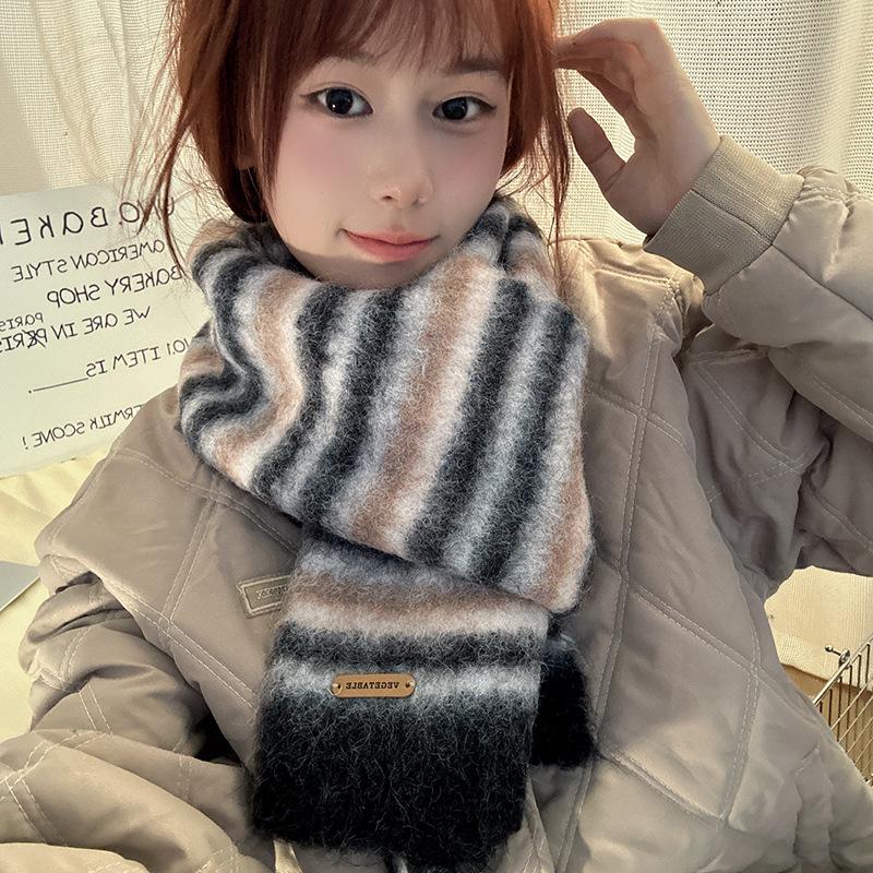 Luochi 2024 Women's Striped Wool Scarf - High-End Winter Fashion for Students