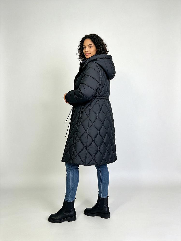Women's Mid-Length Over-the-Knee Padded Coat, Stand Collar Hooded with Elastic Waist, Slim Fit, Warm Cold-Proof Winter Outerwear