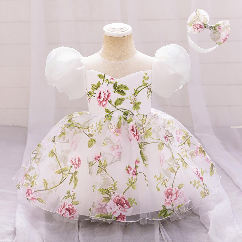 One-Year-Old Baby Girl Princess Birthday Mesh Dress with Flowers & Hair Accessories