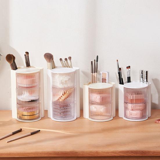Makeup Brush Holder With Lid Clear Rotating Cosmetic Tool Organizer For Vanity