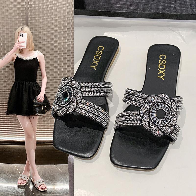 Women's 2024 New Cross-border Foreign Trade Large-size Women's Rhinestone Flat-bottomed Cool Slippers