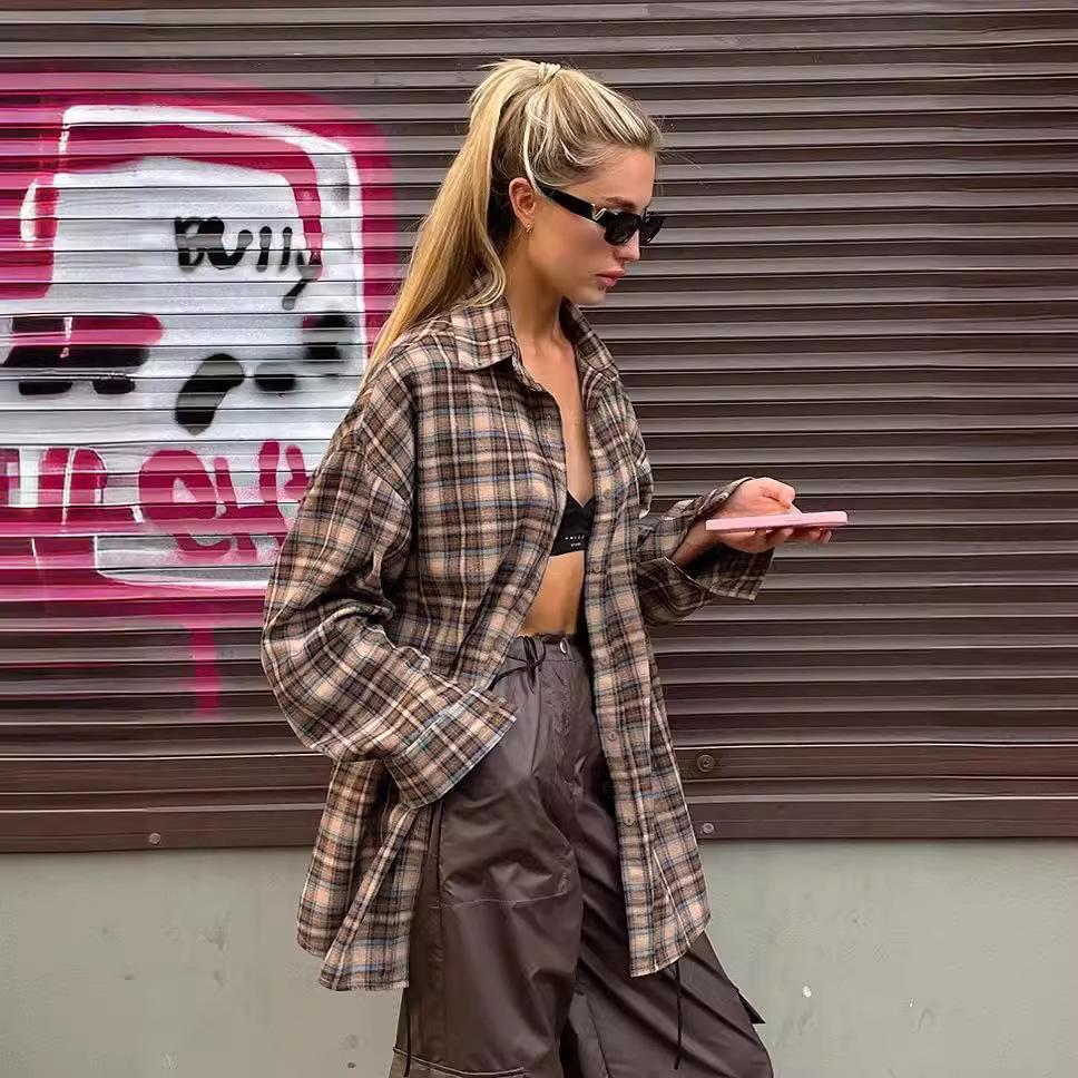 2024 Retro Kostkovaná Dlouhá Dámská Košile - Evropská Jarní Kolekce