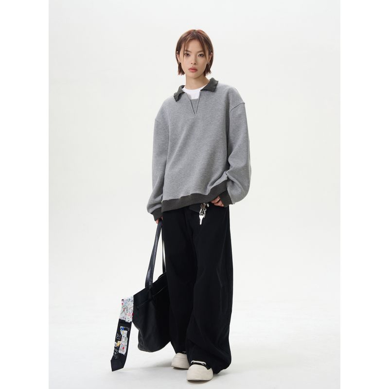 Kisko High-End Retro Patchwork Color-Block V-Neck Pullover Sweatshirt for Men and Women, Simple Casual Cleanfit Top Trendy