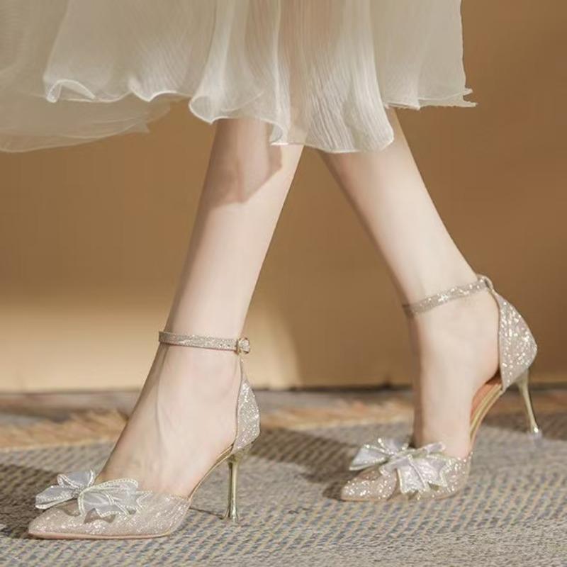 Fashion Low Top Single Shoes Women Fashion Pointy Light Mouth Sequin Butterfly Knot Line with Anti-slip Wear Heels
