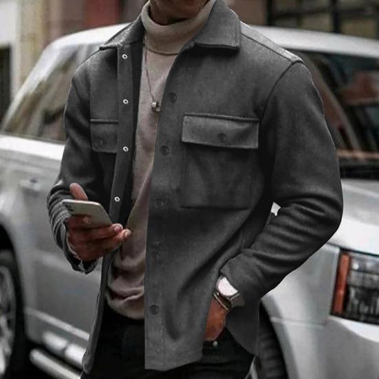 Men Jacket Lapel Single-breasted Top Solid Color Slim Thickened Warm Coat Casual Autumn Winter Outwear for Daily Wear