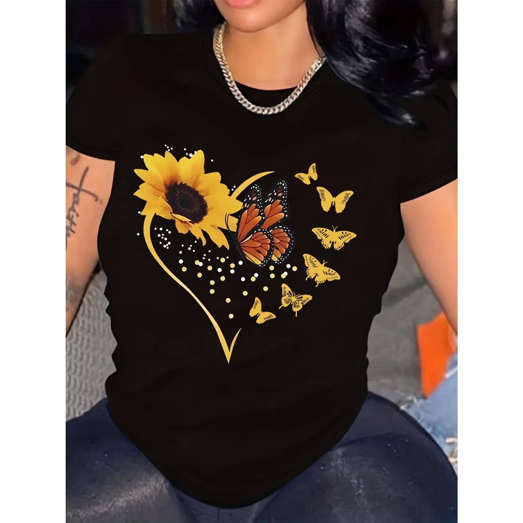 Sunflower and Butterfly Print Short-Sleeve Round-Neck T-Shirt S чёрный