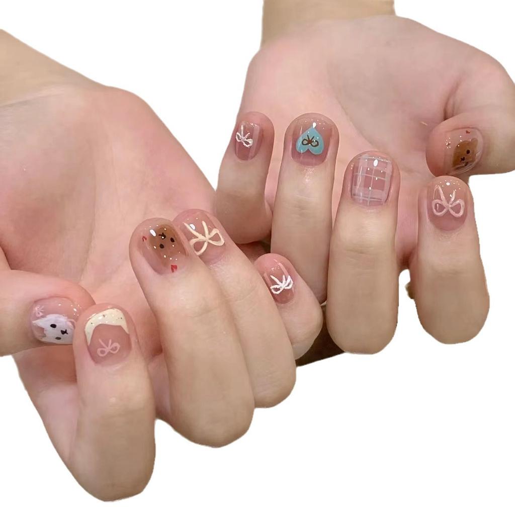 Pure Hand-woven Armor Short Nude Color Hand-painted Cartoon French Cute Animal Manicure Removable Fake Nail Patch