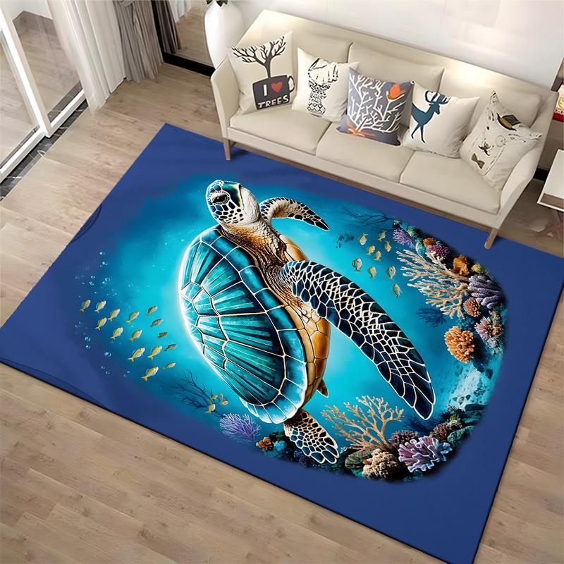 Sea Turtle Coral Reef Design Carpet, Blue Underwater Ocean Theme Rug Suitable for use as an anti-slip for living room bedroom sofas