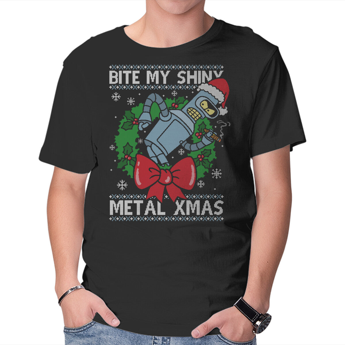 Unisex Crew Neck T-Shirt Shiny Metal Xmas Graphic Short Sleeve Casual Tee L