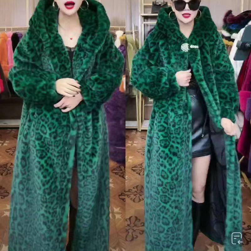 Temperament Women's Imitation Fur Leopard Print Coat Winter Furry Coat Large Size Imitation Cross Mink Coat Tide