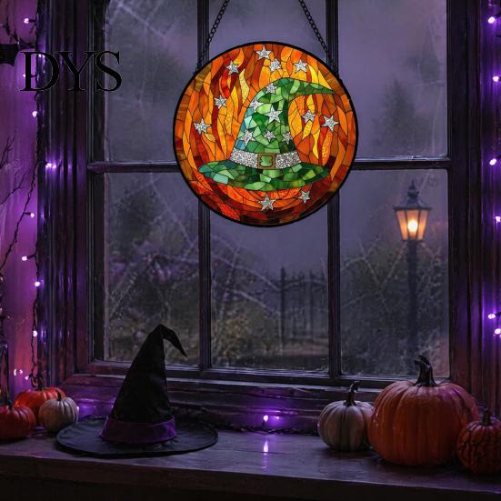 Creative Halloween Souvenirs Stained Glass Suncatcher Ornament, Vintage Hanging Window Decor with Pumpkin Ghost Bat Witch Moonlit Wall Hangings