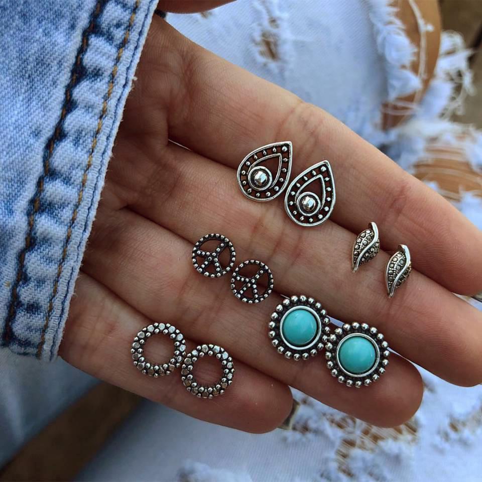 New Trends 5 Pairs Of Jewelry Dazzling Turquoise Gemstones Bohemian Earrings Stud Earrings