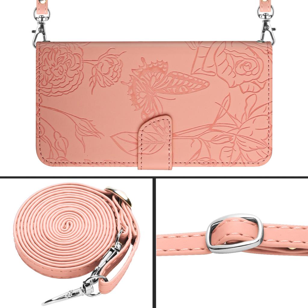 Applicable To Samsung S24 Butterfly Embossed Mobile Phone Leather Case A15 Card Holder Solid Color Lanyard Protective Case A05S Hand Rope