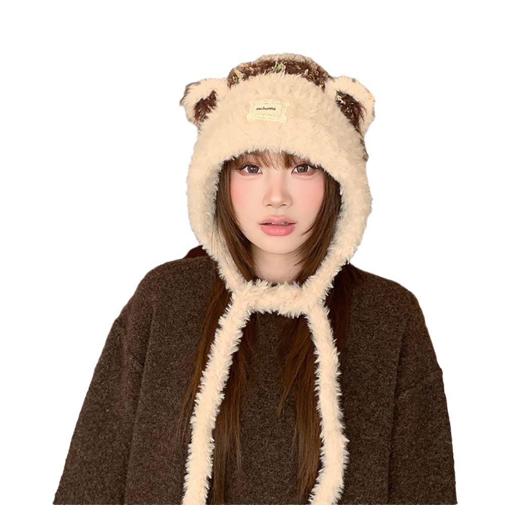 Cartoon Bear Ear Plush Knitted Hat Keep Warm Bear Ears Beanie Lovely Ear Protective Cap For Women