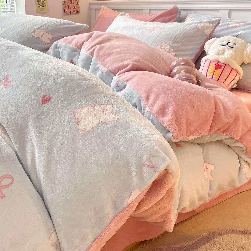 Thickened Milk Fleece Bed Four-Piece Coral Fleece Quilt Cover Double-Sided Flannel Fleece Bed Sheet Three-Piece Set