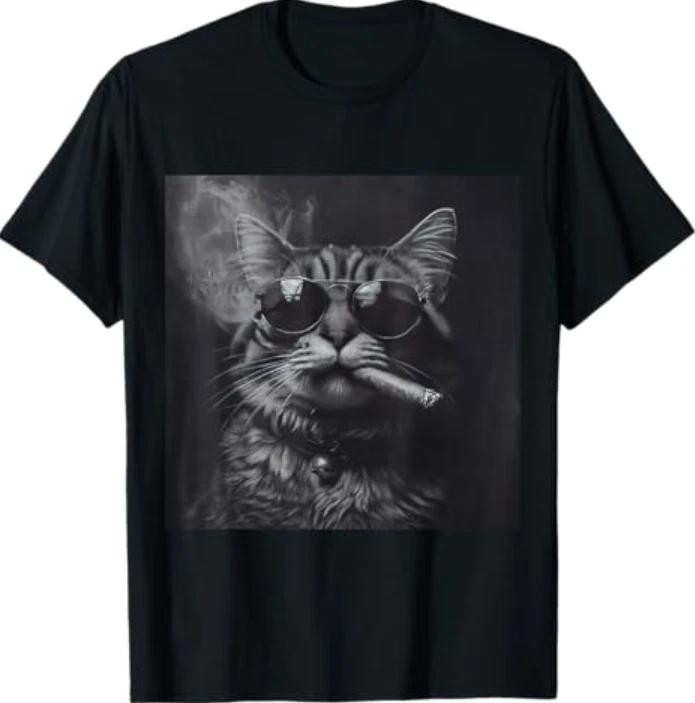 Smoking Cat Moody Noir Black and White Art Funny T-Shirt 4XL