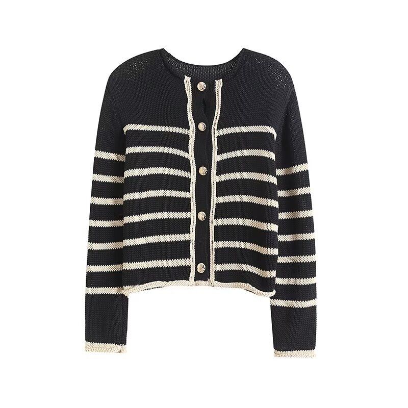 2024 Spring New Arrival Classic Style round Neck Short Coat Golden Button Stripes Knitting Cardigan 5643511