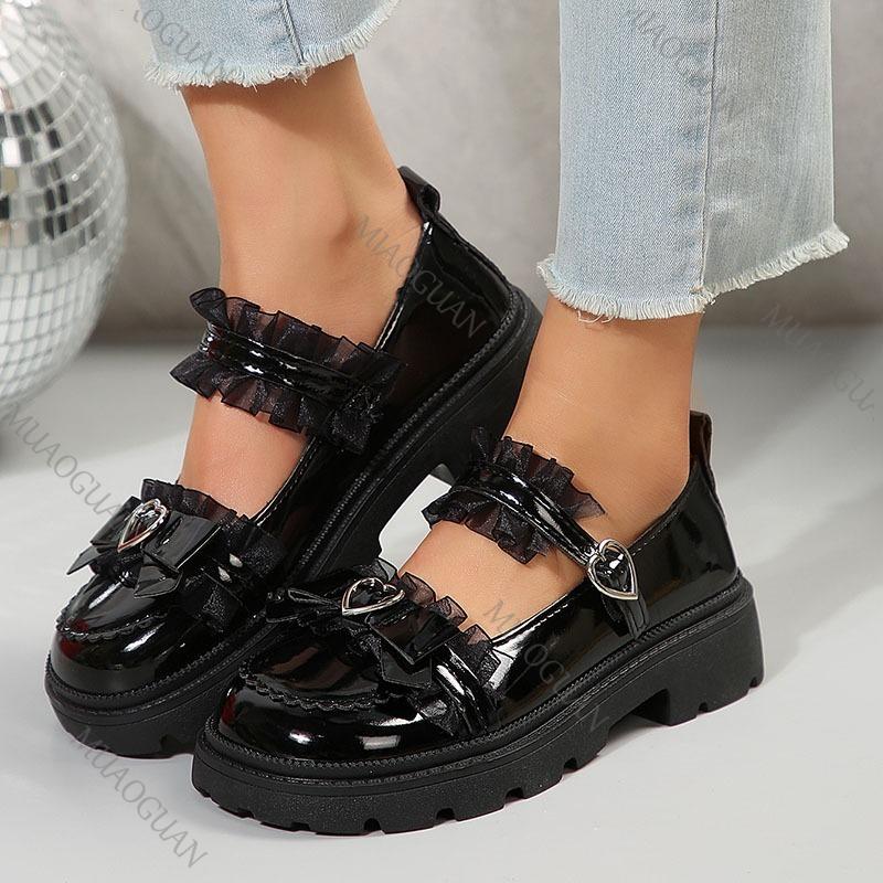 Fashion Japanese Sweet Lolita Women's Shoes Black Spring Autumn Thick Bottom Leather Mary Jane Pumps Casual Lace Belt Buckle Single Shoe