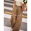 Chic Coffee-colored High-waisted Wide-leg Linen Pants for Women - Drapey, Stylish, and Casual Long Pants