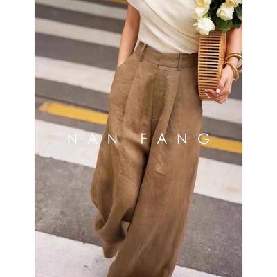Chic Coffee-colored High-waisted Wide-leg Linen Pants for Women - Drapey, Stylish, and Casual Long Pants