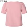 VONDA Damen Casual Rundhals Kurzarm Krawatte Einfarbig Lose Bluse