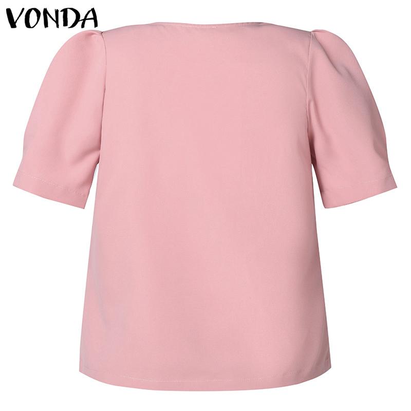 VONDA Damen Casual Rundhals Kurzarm Krawatte Einfarbig Lose Bluse