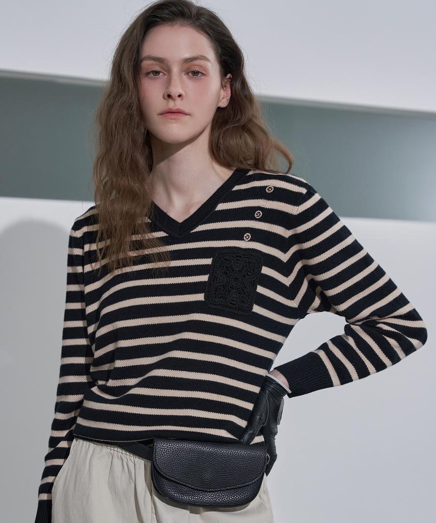 LENIC&MCCOY V-Neck Contrast Embroidered Patch Knit Mn03Kn070Fjy
