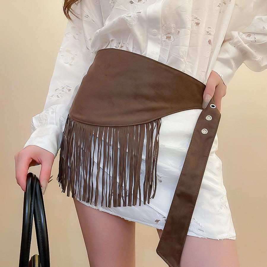 Vintage ethnic wind wood bead woven fringed waist chain bohemian belt clothing