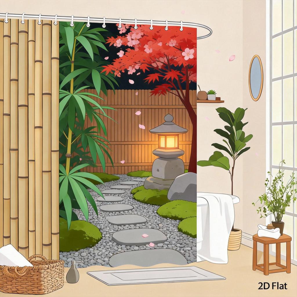 Tenda Doccia Recinzione Naturale 180x180cm – Steli e Foglie Verdi Rustici su Beige, Arredo Bagno Minimalista Zen, 12 Ganci
